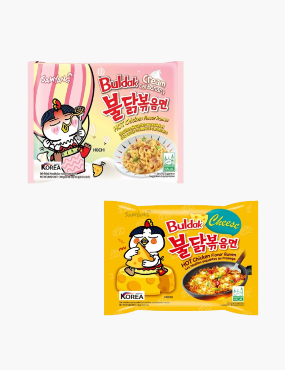 SAMYANG Buldak Cheese Noodles & Buldak Cream Carbonora Instant Noodles(Imported) Non-Vegetarian (2 X 140 Grams)(Combo Pack)